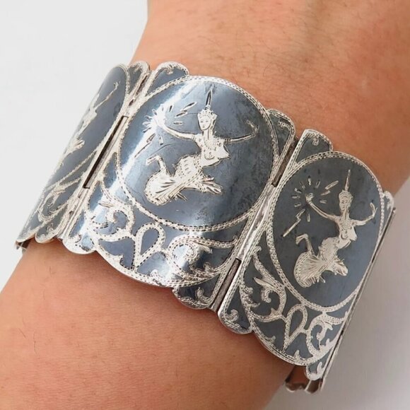 Siam Niello Jewelry - 925 Sterling Silver Vintage Siam Niello Hindu Bracelet